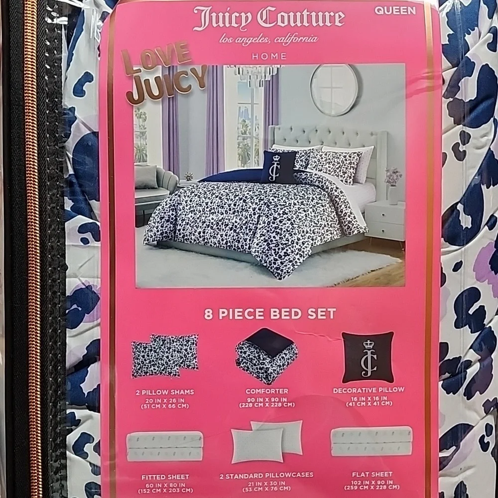 Juicy Couture 8 Piece Queen Comforter Bed Set Leopard Print White & Blue - New